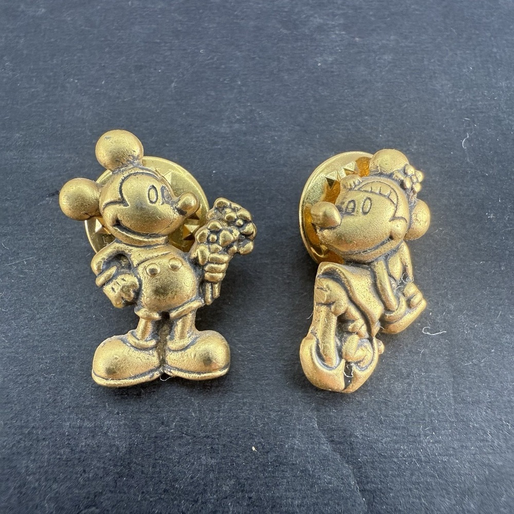 Mickey & Minnie Mouse Disney Gold Pin 1" Pin Pair - Picture 1 of 5